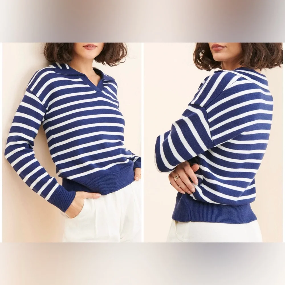 NWOT Anthropologie Flat White Striped Polo Knit Sweater - blue - medium